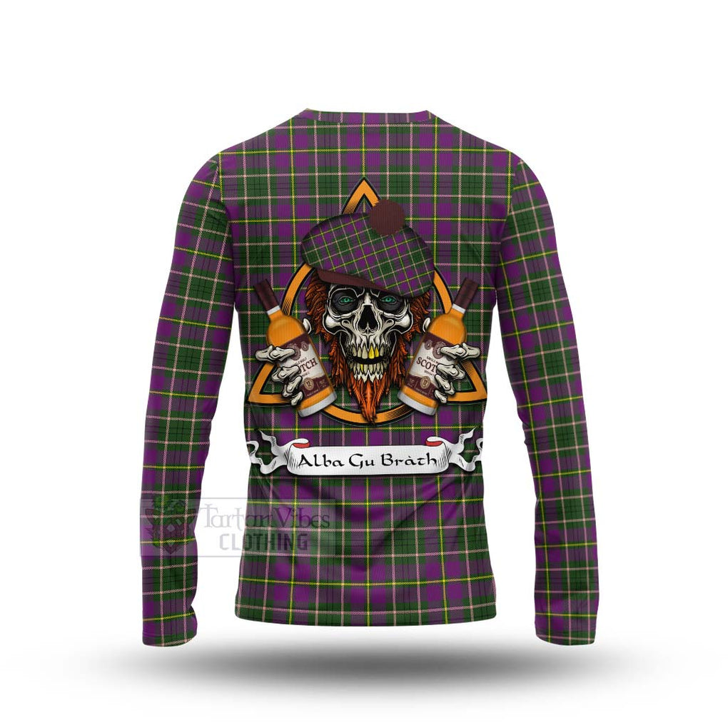 Tartan Vibes Clothing Taylor (Tailylour) Tartan Long Sleeve T-Shirt with Family Crest and Bearded Skull Holding Bottles of Whiskey