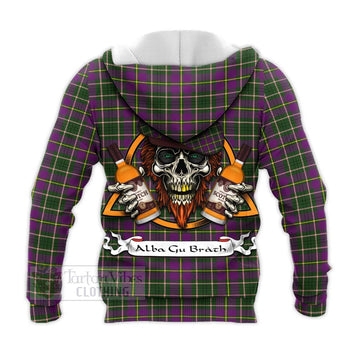 Taylor (Tailylour) Tartan Knitted Hoodie with Family Crest and Bearded Skull Holding Bottles of Whiskey