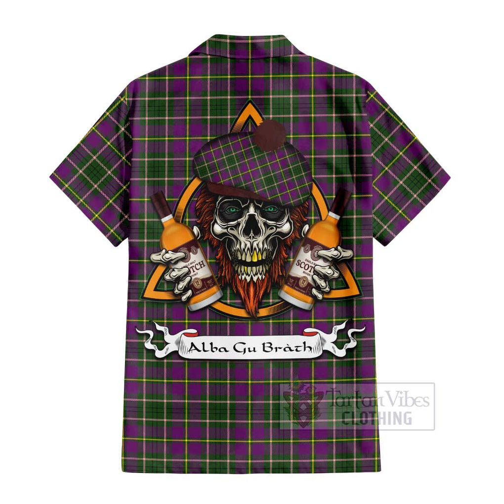 Tartan Vibes Clothing Taylor (Tailylour) Tartan Short Sleeve Button Shirt with Family Crest and Bearded Skull Holding Bottles of Whiskey