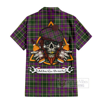 Taylor (Tailylour) Tartan Short Sleeve Button Shirt with Family Crest and Bearded Skull Holding Bottles of Whiskey