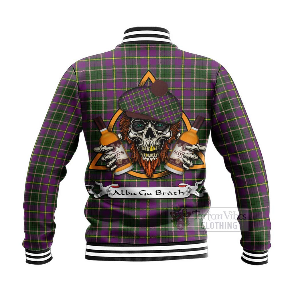 Tartan Vibes Clothing Taylor (Tailylour) Tartan Baseball Jacket with Family Crest and Bearded Skull Holding Bottles of Whiskey