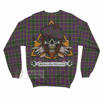 Taylor (Tailylour) Tartan Sweatshirt with Family Crest and Bearded Skull Holding Bottles of Whiskey