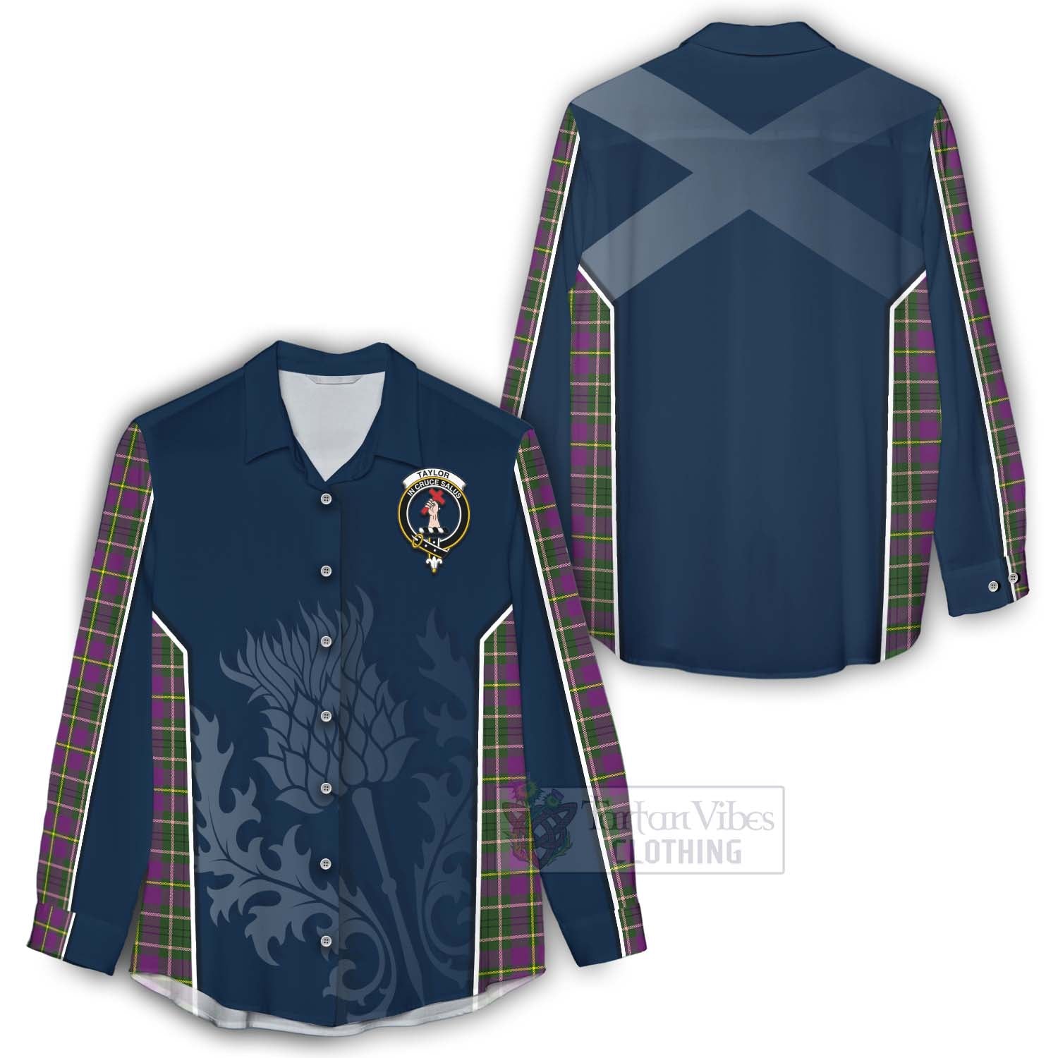 Tartan Vibes Clothing Taylor (Tailylour) Tartan Women's Casual Shirt with Family Crest and Scottish Thistle Vibes Sport Style