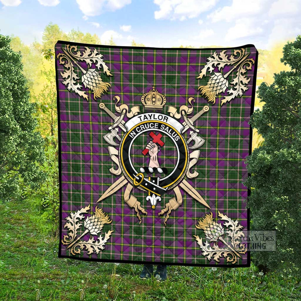 Tartan Vibes Clothing Taylor (Tailylour) Tartan Quilt with Family Crest and Scottish Golden Courage Shield