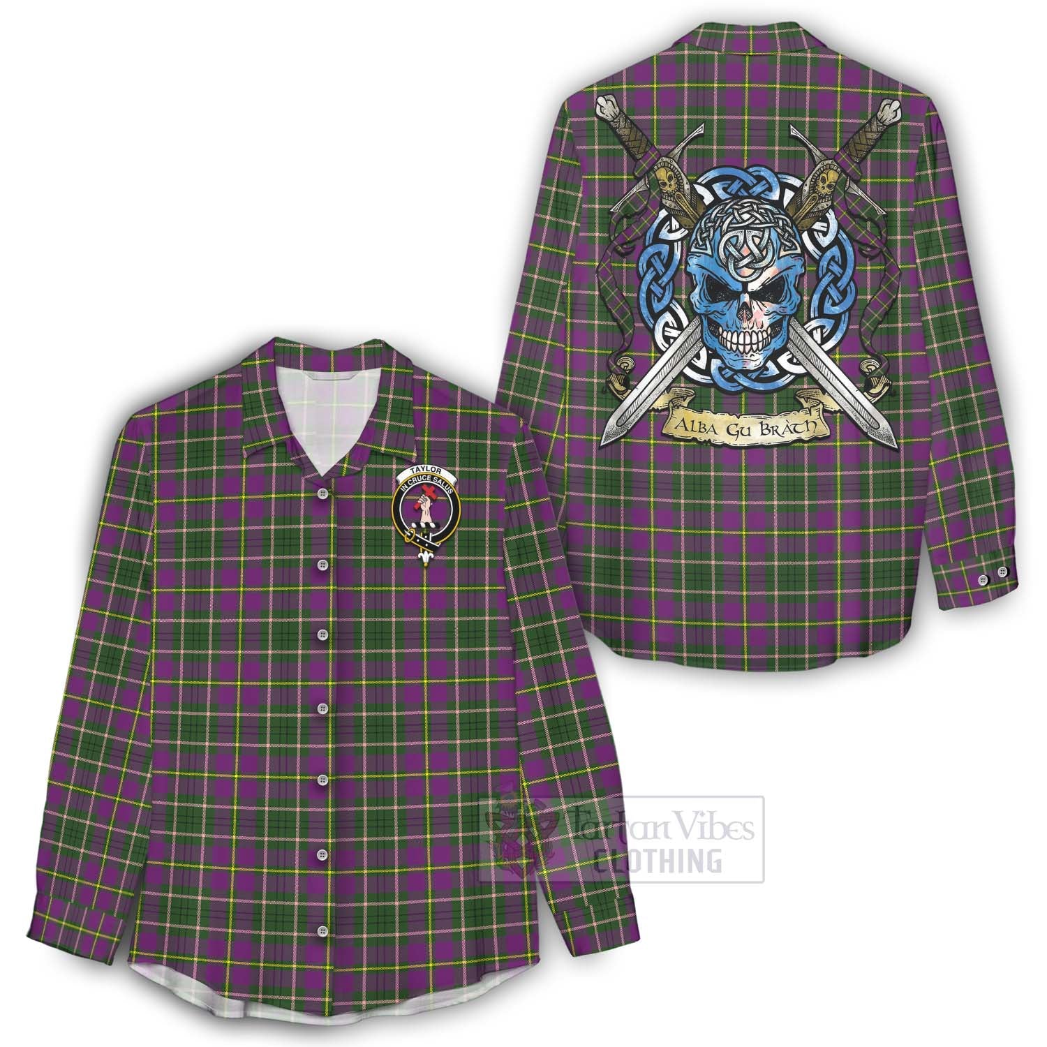 Tartan Vibes Clothing Taylor (Tailylour) Tartan Women's Casual Shirt with Family Crest Celtic Skull Style