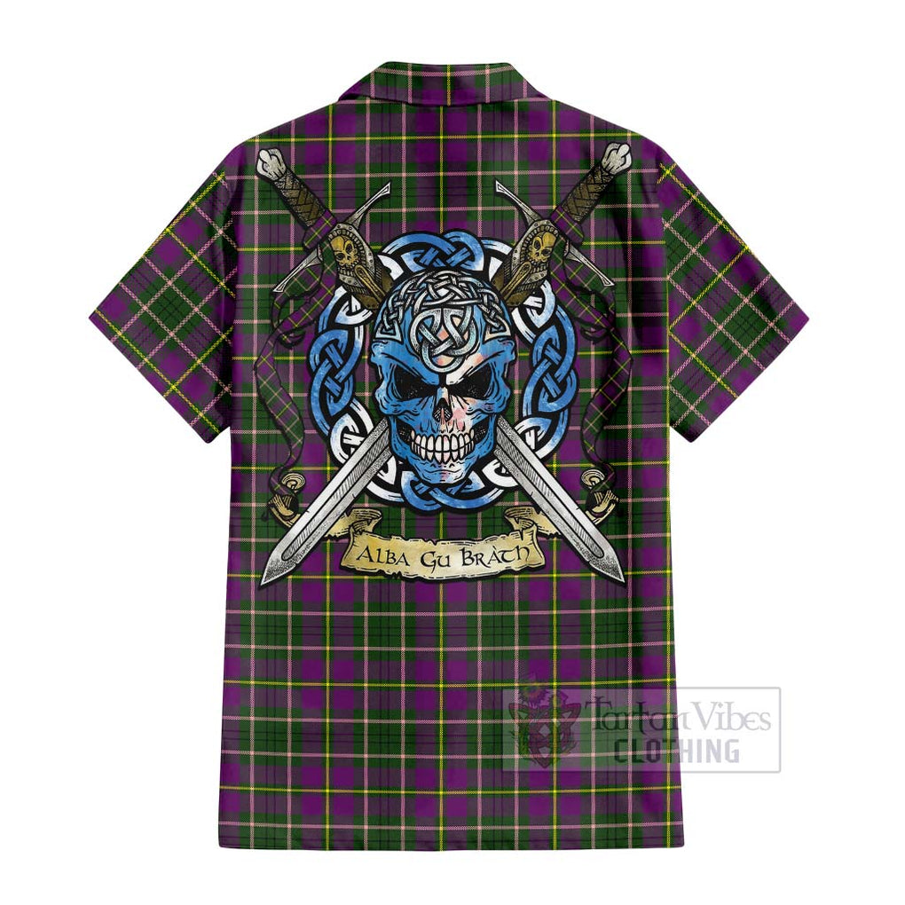 Tartan Vibes Clothing Taylor (Tailylour) Tartan Short Sleeve Button Shirt with Family Crest Celtic Skull Style