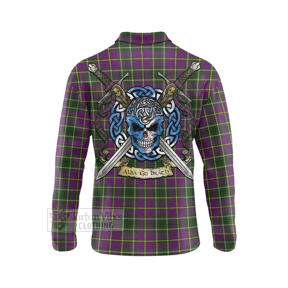 Tartan Vibes Clothing Taylor (Tailylour) Tartan Long Sleeve Polo Shirt with Family Crest Celtic Skull Style