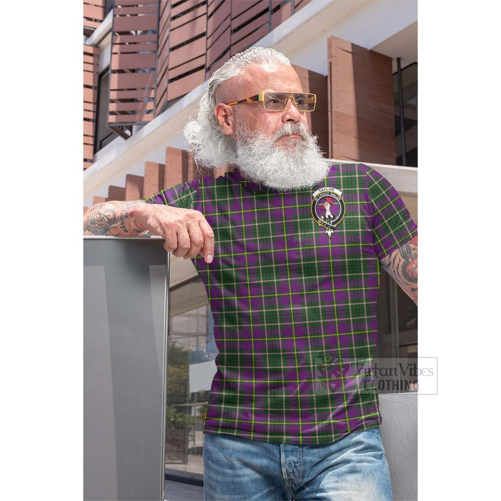 Tartan Vibes Clothing Taylor (Tailylour) Tartan Cotton T-shirt with Family Crest and Bearded Skull Holding Bottles of Whiskey