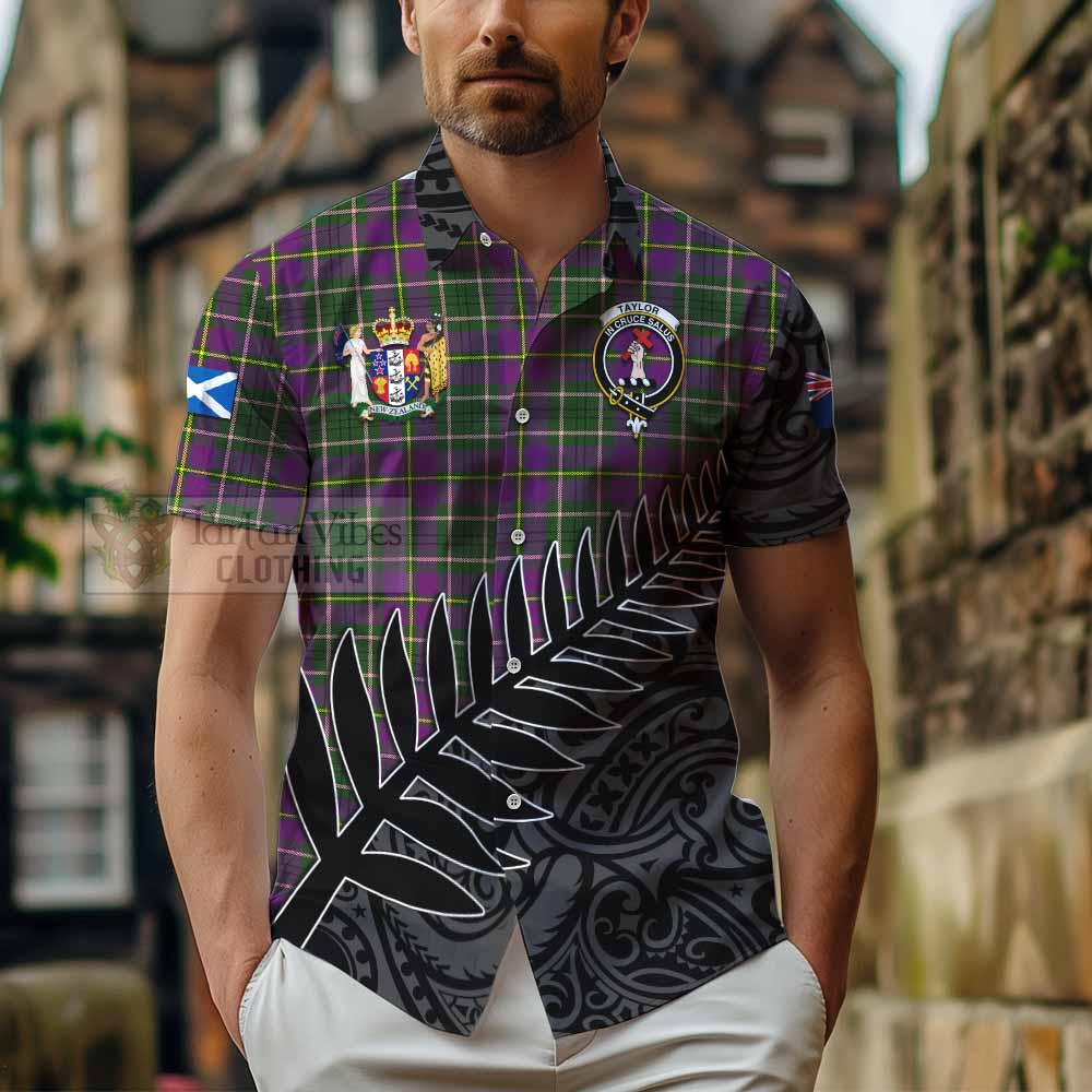 Tartan Vibes Clothing Taylor (Tailylour) Crest Tartan Short Sleeve Button Shirt with New Zealand Silver Fern Half Style