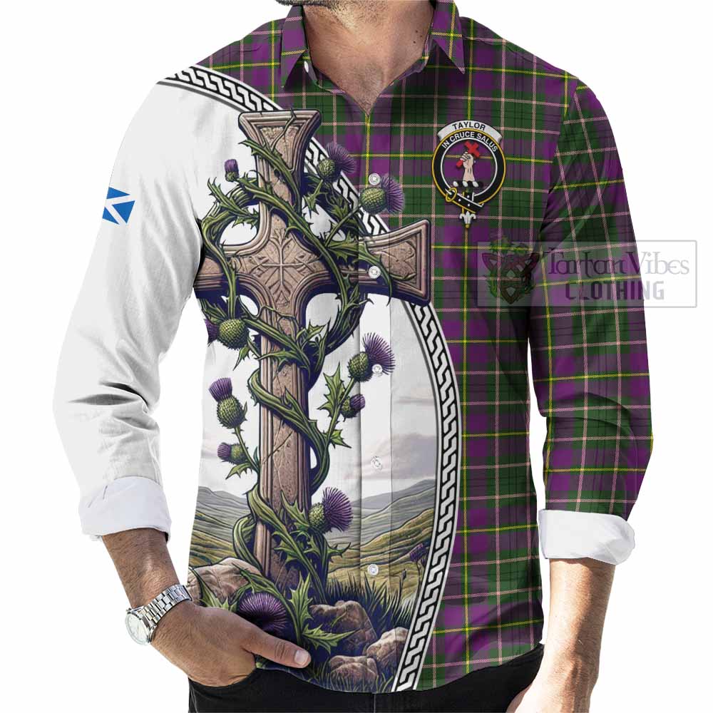 Tartan Vibes Clothing Taylor (Tailylour) Tartan Long Sleeve Button Shirt with Family Crest and St. Andrew's Cross Accented by Thistle Vines