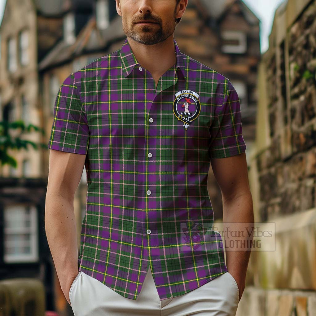 Tartan Vibes Clothing Taylor (Tailylour) Tartan Short Sleeve Button Shirt with Family Crest Celtic Skull Style