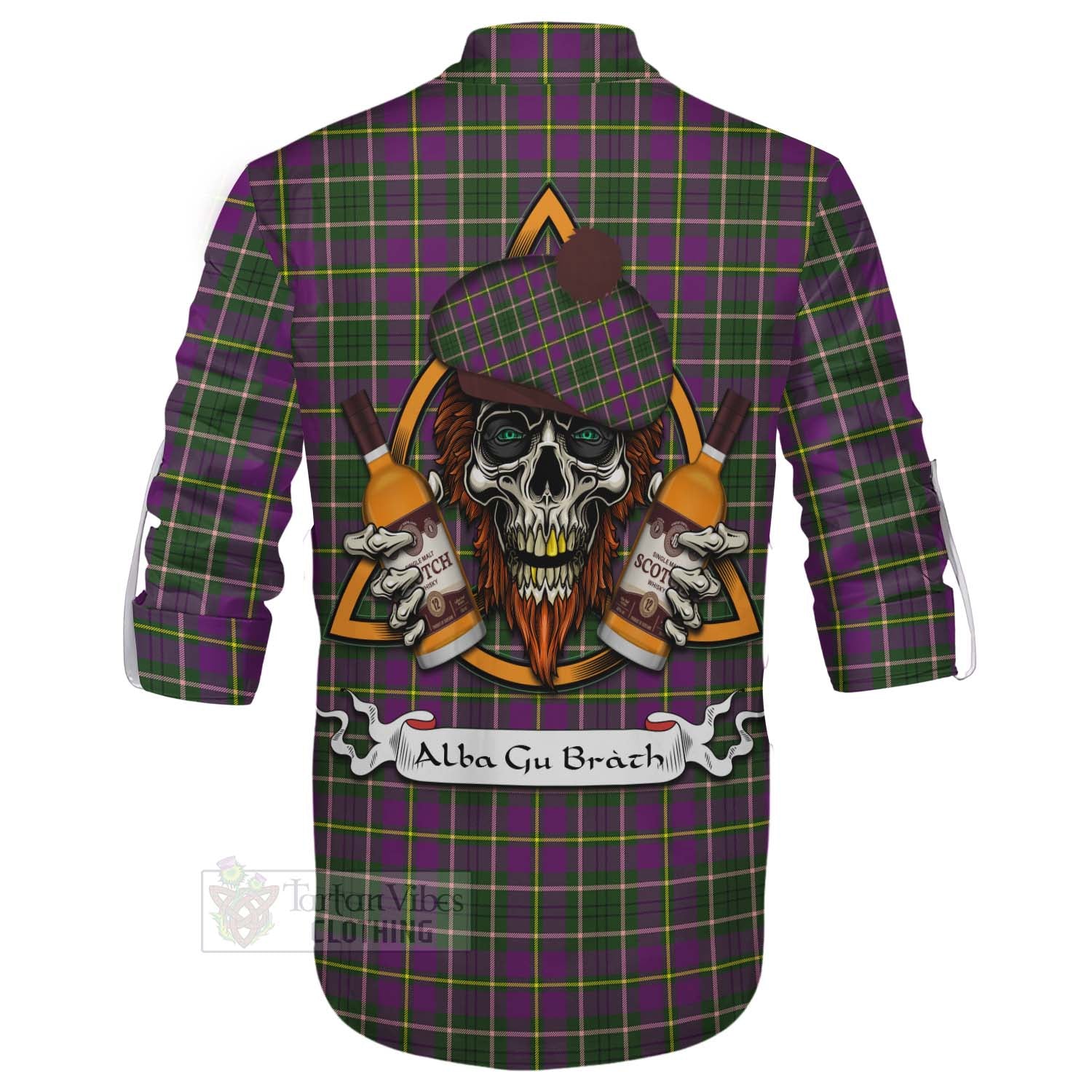 Tartan Vibes Clothing Taylor (Tailylour) Tartan Ghillie Kilt Shirt with Family Crest and Bearded Skull Holding Bottles of Whiskey