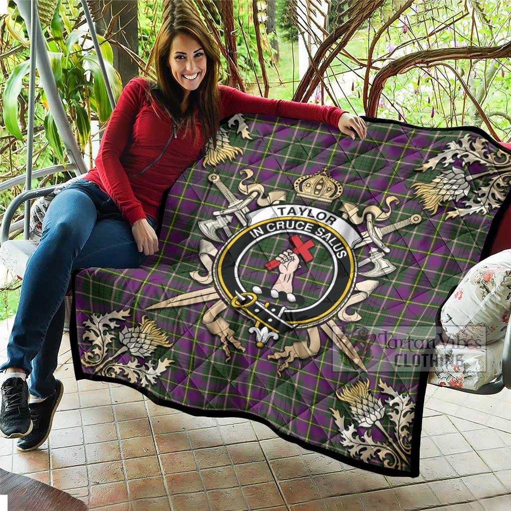 Tartan Vibes Clothing Taylor (Tailylour) Tartan Quilt with Family Crest and Scottish Golden Courage Shield