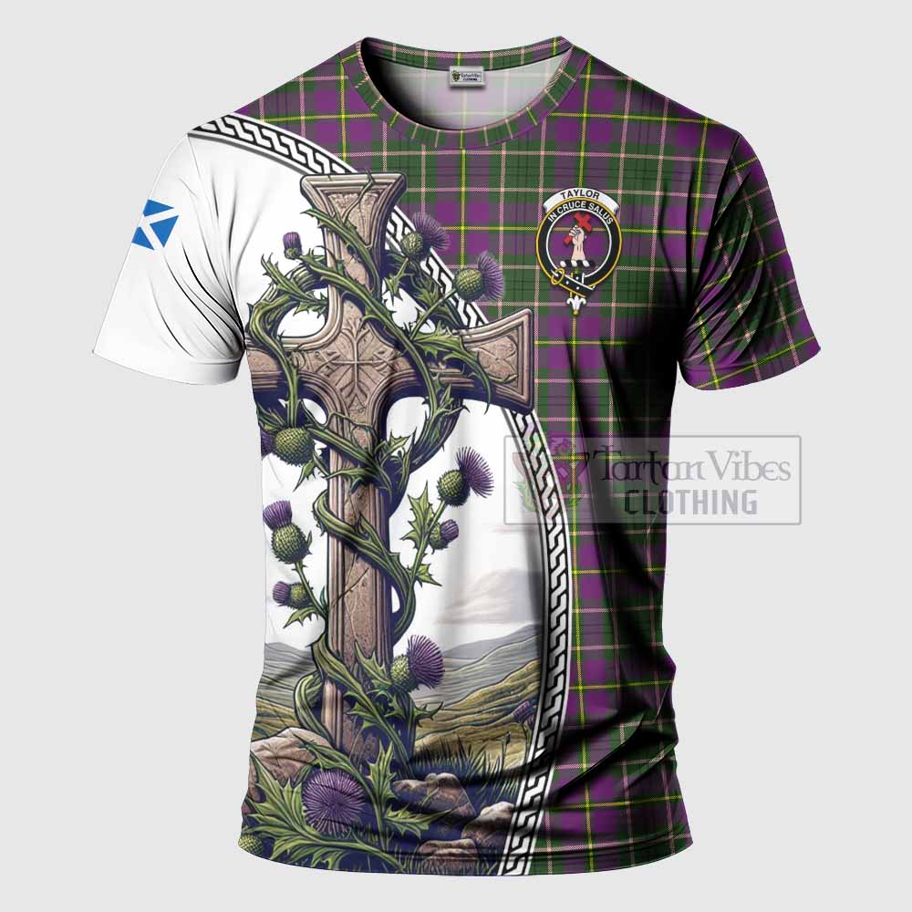 Tartan Vibes Clothing Taylor (Tailylour) Agnew Tartan T-Shirt with Family Crest and St. Andrew's Cross Accented by Thistle Vines