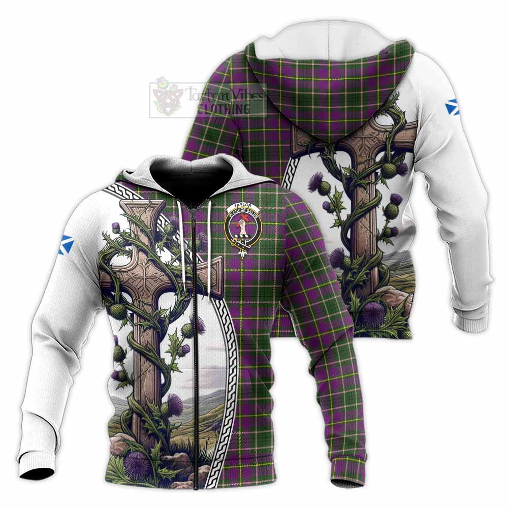 Tartan Vibes Clothing Taylor (Tailylour) Tartan Knitted Hoodie with Family Crest and St. Andrew's Cross Accented by Thistle Vines