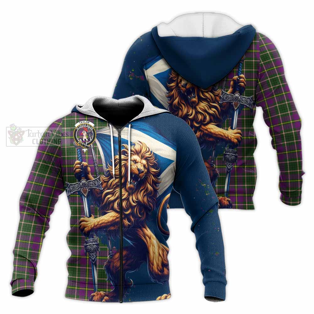 Tartan Vibes Clothing Taylor (Tailylour) Tartan Family Crest Knitted Hoodie with Scottish Majestic Lion