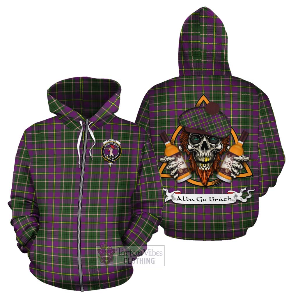 Tartan Vibes Clothing Taylor (Tailylour) Tartan Cotton Hoodie with Family Crest and Bearded Skull Holding Bottles of Whiskey