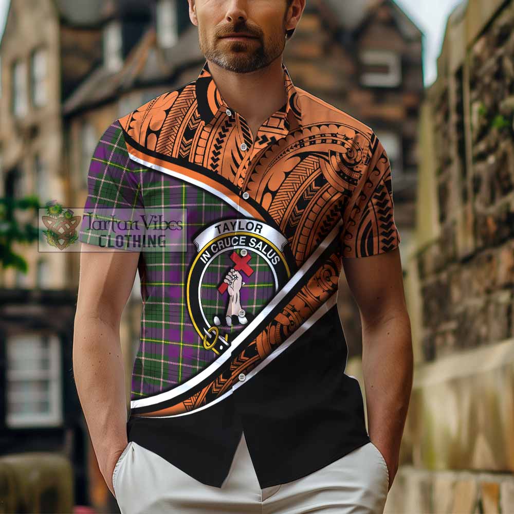 Tartan Vibes Clothing Taylor (Tailylour) Crest Tartan Short Sleeve Button Shirt with Maori Tattoo Style - Orange Version