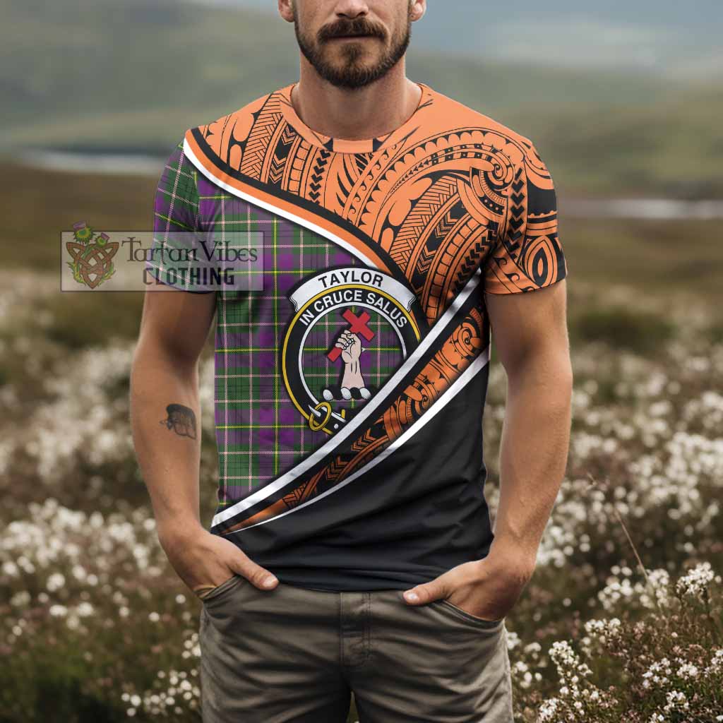 Tartan Vibes Clothing Taylor (Tailylour) Crest Tartan T-Shirt with Maori Tattoo Style - Orange Version