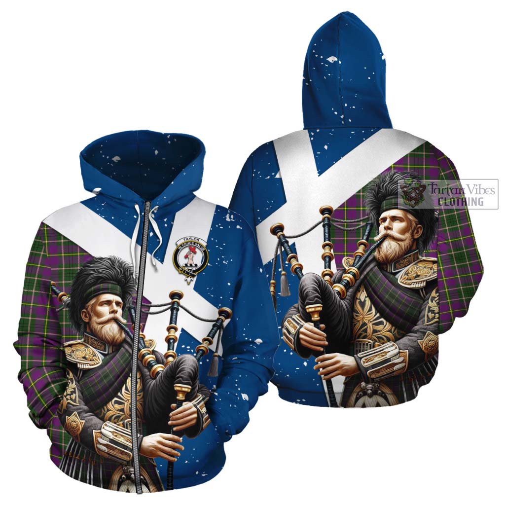 Tartan Vibes Clothing Taylor (Tailylour) Tartan Cotton Hoodie with Family Crest Scottish Bagpiper Vibes