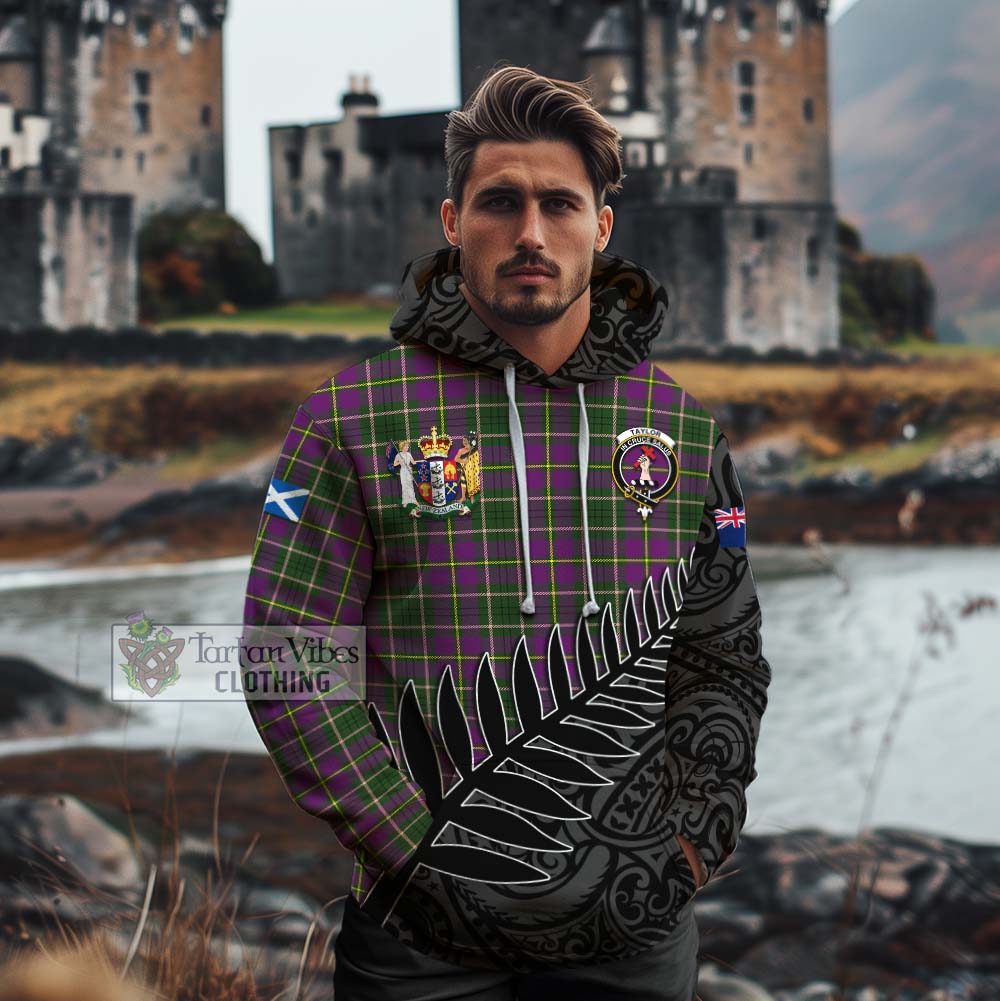 Tartan Vibes Clothing Taylor (Tailylour) Crest Tartan Cotton Hoodie with New Zealand Silver Fern Half Style