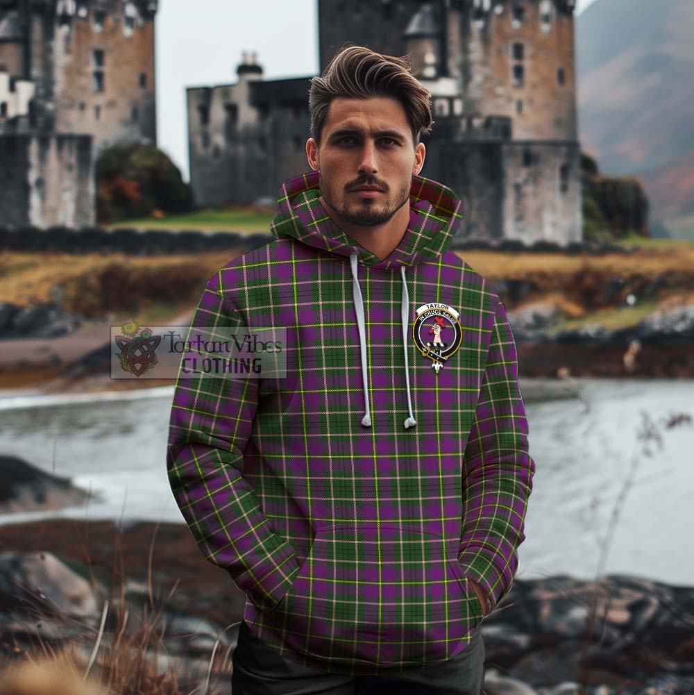 Tartan Vibes Clothing Taylor (Tailylour) Tartan Cotton Hoodie with Family Crest and Bearded Skull Holding Bottles of Whiskey