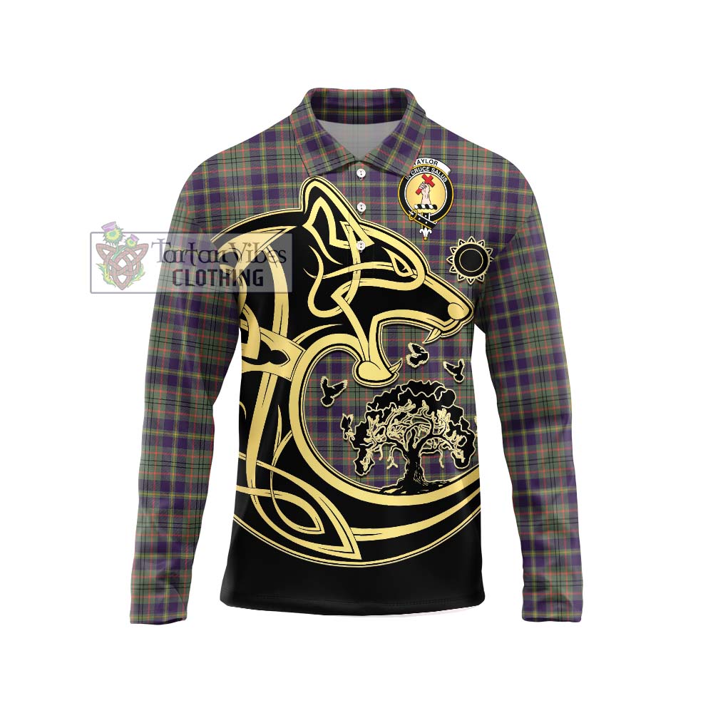 Taylor Weathered Tartan Long Sleeve Polo Shirt with Family Crest Celtic Wolf Style Unisex - Tartanvibesclothing Shop