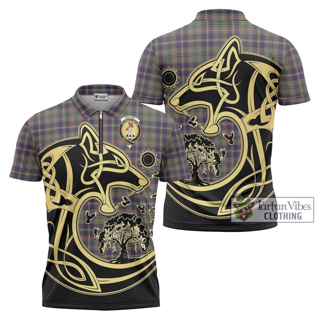 Taylor Weathered Tartan Zipper Polo Shirt with Family Crest Celtic Wolf Style Unisex - Tartanvibesclothing Shop