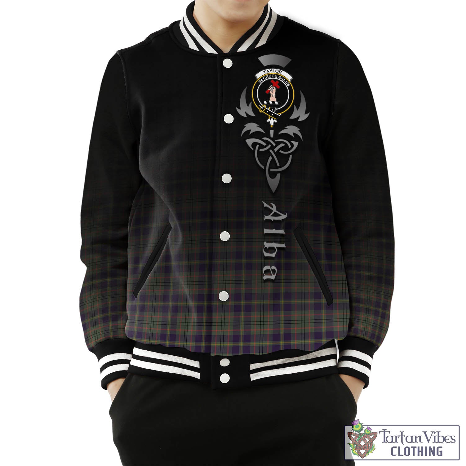 Tartan Vibes Clothing Taylor Weathered Tartan Baseball Jacket Featuring Alba Gu Brath Family Crest Celtic Inspired