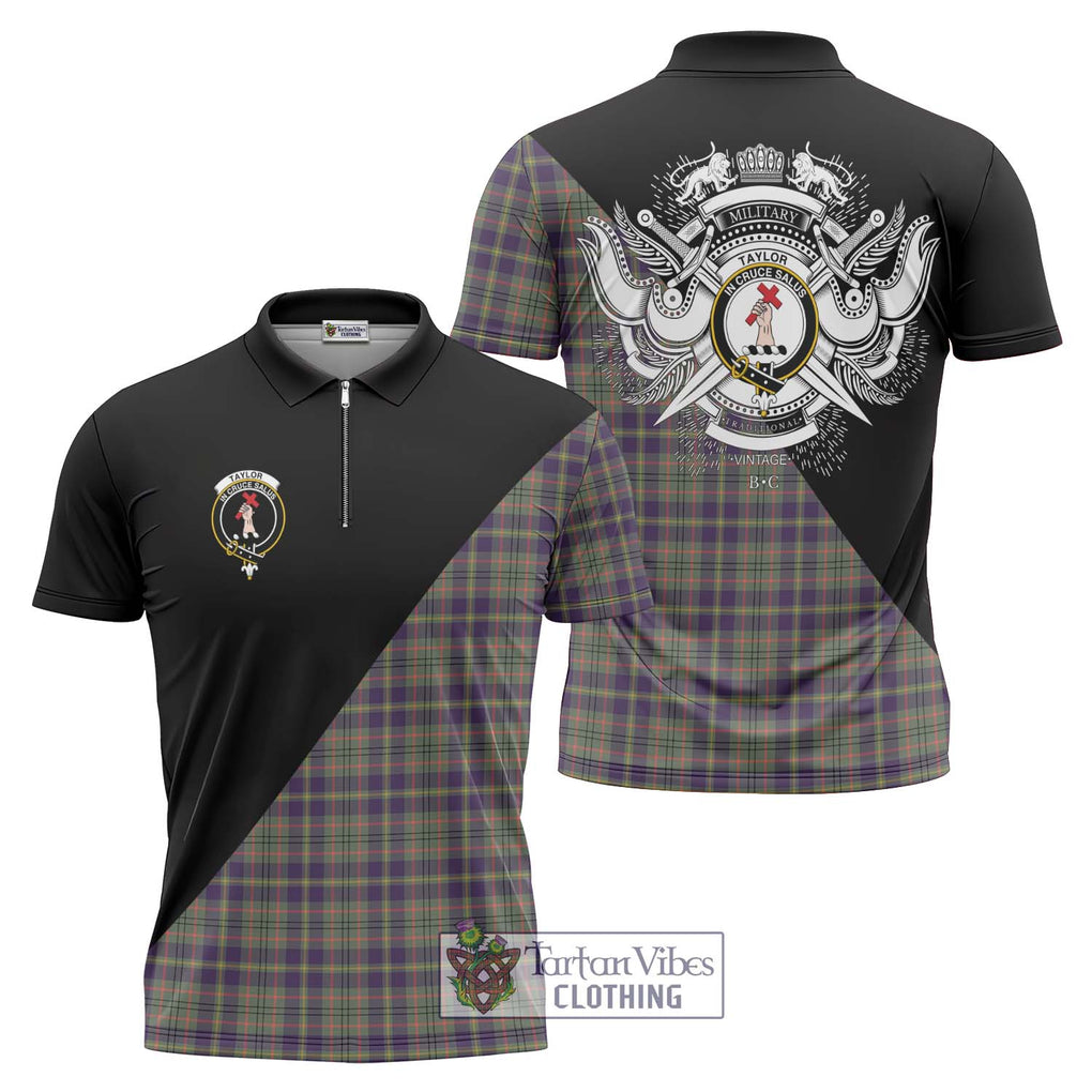 Taylor Weathered Tartan Zipper Polo Shirt with Family Crest and Military Logo Style Unisex - Tartanvibesclothing Shop