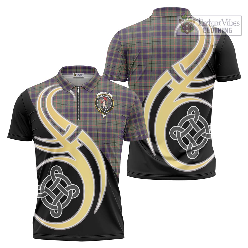 Tartan Vibes Clothing Taylor Weathered Tartan Zipper Polo Shirt with Family Crest and Celtic Symbol Style