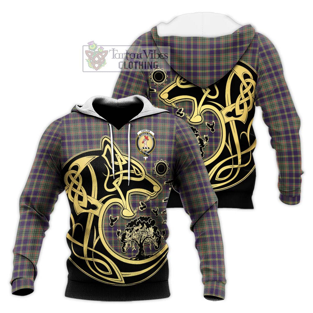 Taylor Weathered Tartan Knitted Hoodie with Family Crest Celtic Wolf Style Unisex Knitted Pullover Hoodie - Tartan Vibes Clothing