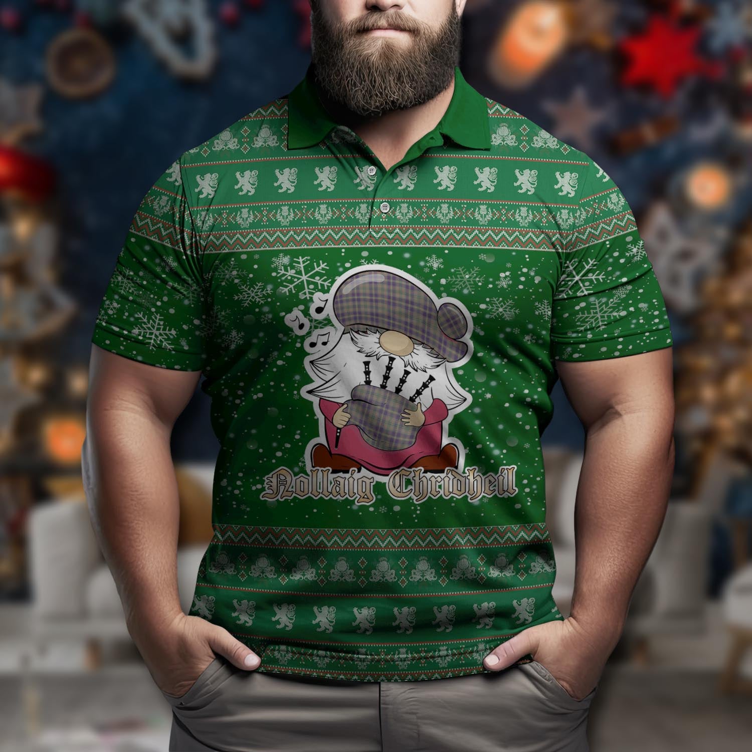 Taylor Weathered Clan Christmas Family Polo Shirt with Funny Gnome Playing Bagpipes Men's Polo Shirt Green - Tartanvibesclothing