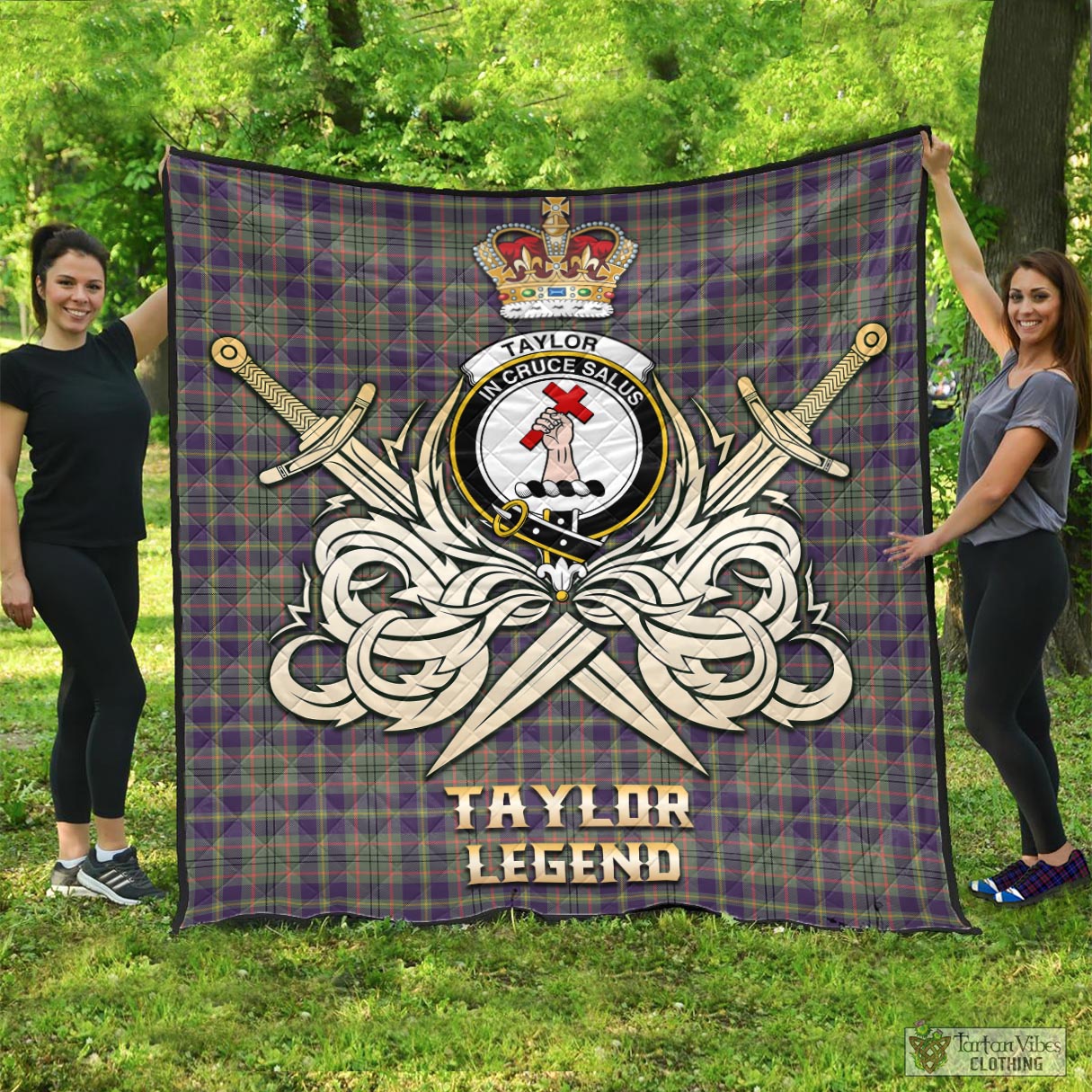 Tartan Vibes Clothing Taylor Weathered Tartan Quilt with Clan Crest and the Golden Sword of Courageous Legacy