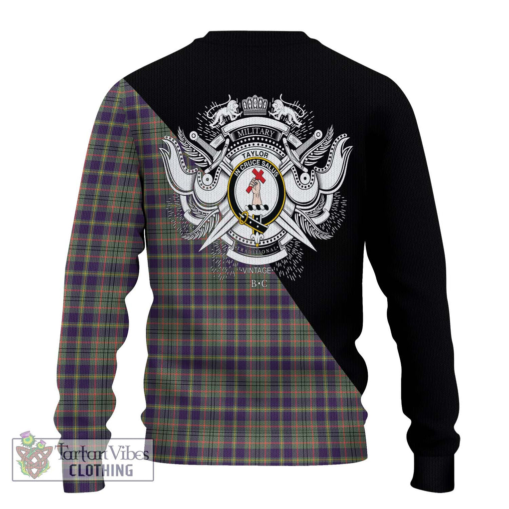 Taylor Weathered Tartan Knitted Sweater with Family Crest and Military Logo Style - Tartanvibesclothing Shop