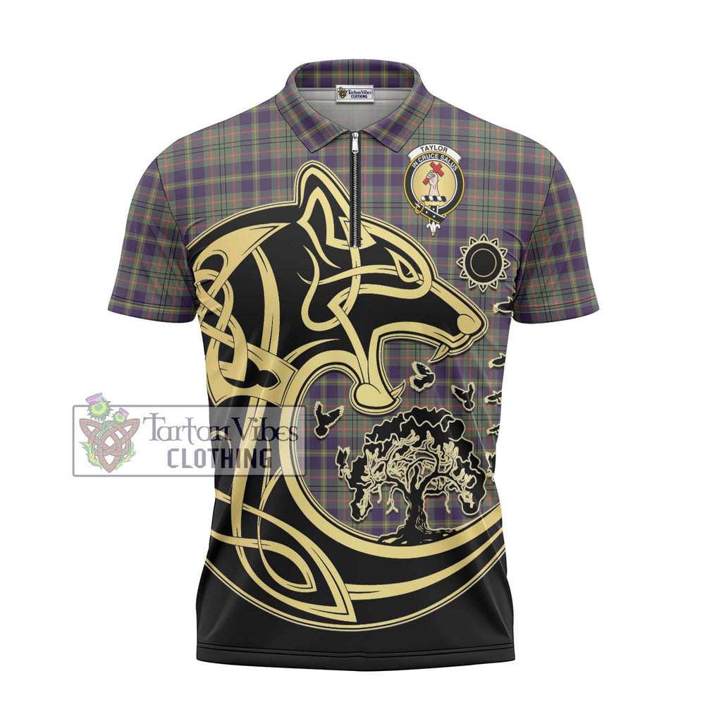 Taylor Weathered Tartan Zipper Polo Shirt with Family Crest Celtic Wolf Style - Tartanvibesclothing Shop