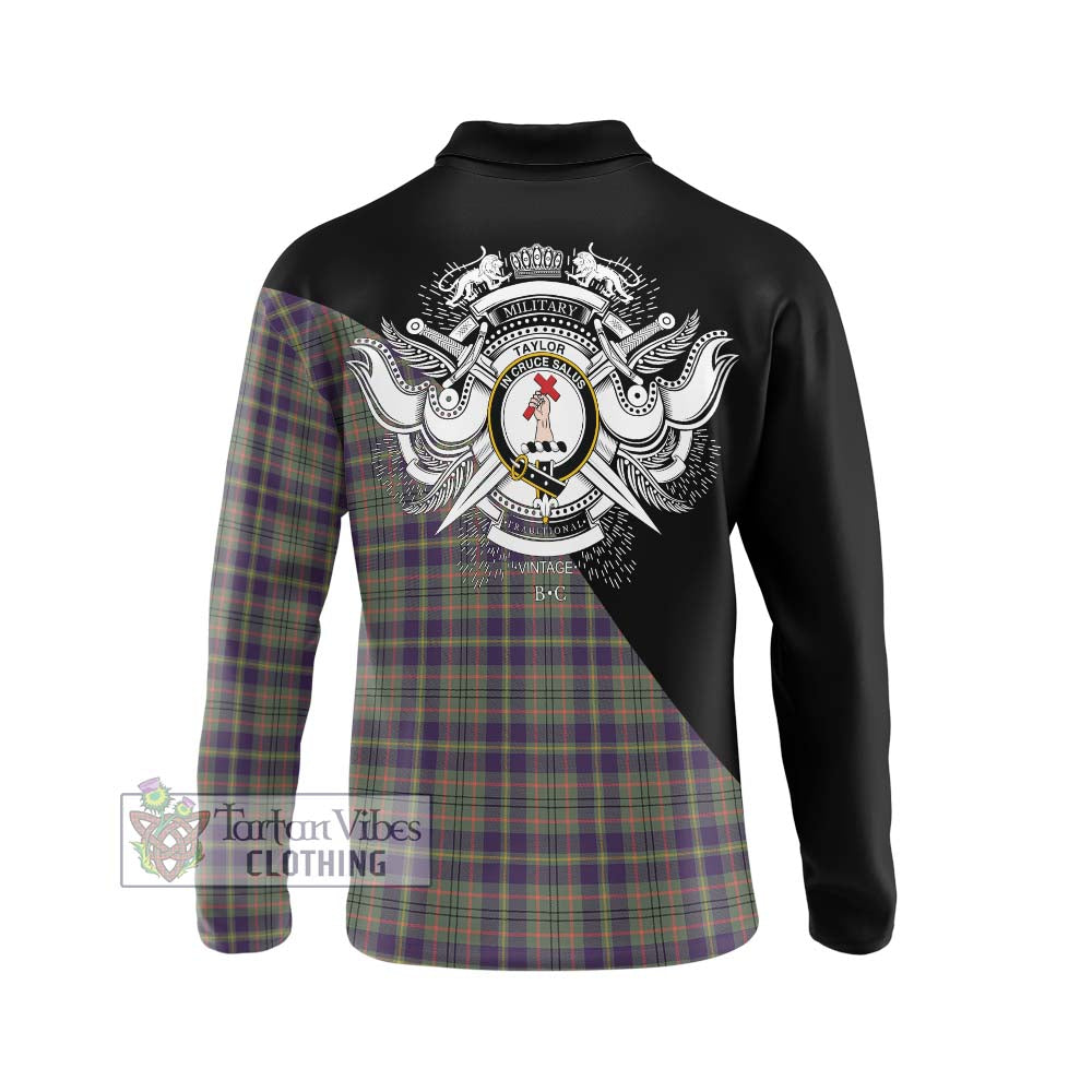 Taylor Weathered Tartan Long Sleeve Polo Shirt with Family Crest and Military Logo Style - Tartanvibesclothing Shop