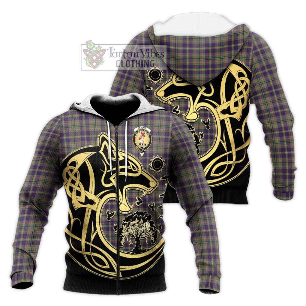 Taylor Weathered Tartan Knitted Hoodie with Family Crest Celtic Wolf Style Unisex Knitted Zip Hoodie - Tartan Vibes Clothing