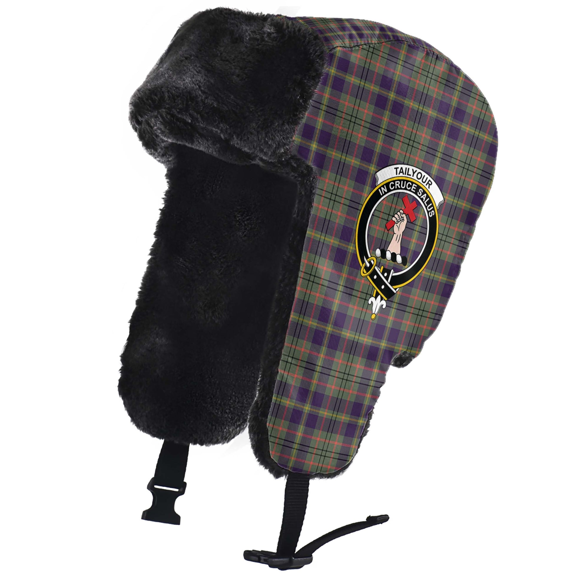 Taylor Weathered Tartan Winter Trapper Hat with Family Crest - Tartanvibesclothing