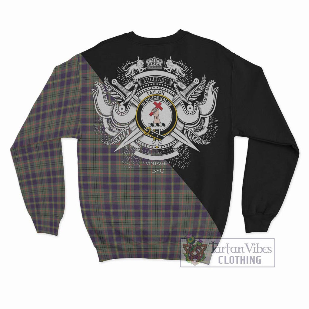 Taylor Weathered Tartan Sweatshirt with Family Crest and Military Logo Style - Tartanvibesclothing Shop