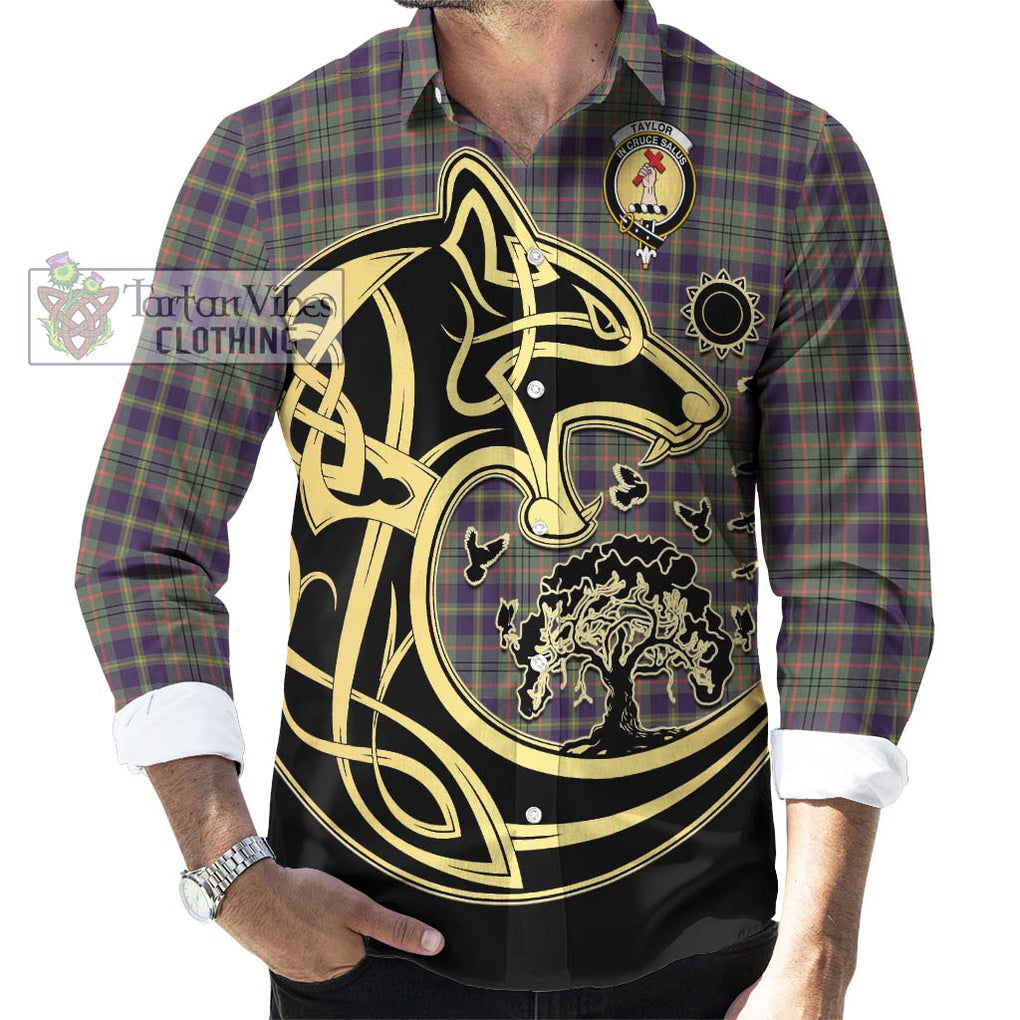 Taylor Weathered Tartan Long Sleeve Button Shirt with Family Crest Celtic Wolf Style - Tartan Vibes Clothing