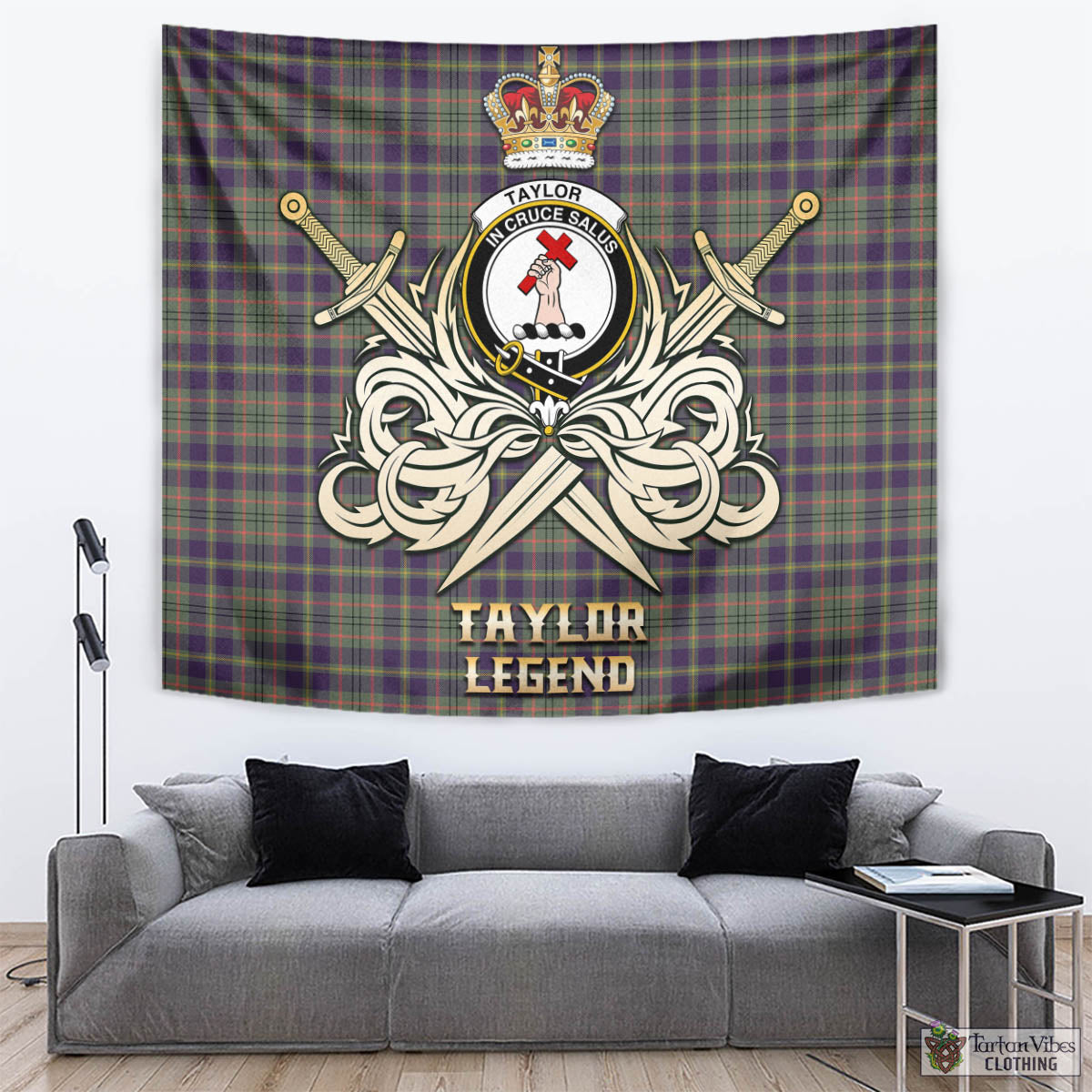 Tartan Vibes Clothing Taylor Weathered Tartan Tapestry with Clan Crest and the Golden Sword of Courageous Legacy