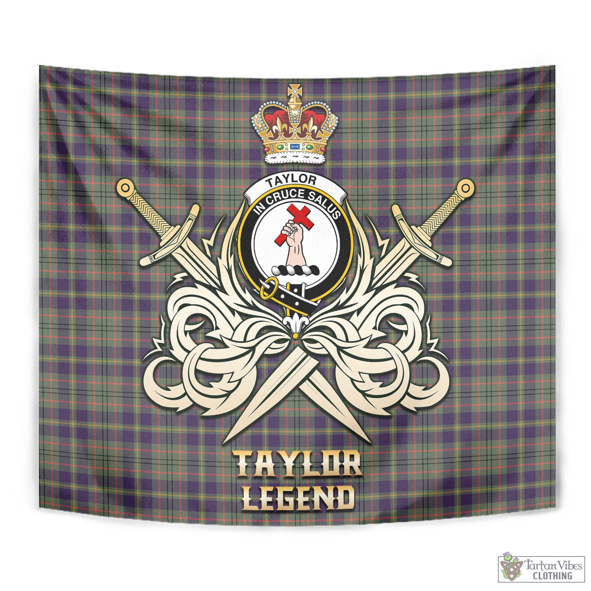 Tartan Vibes Clothing Taylor Weathered Tartan Tapestry with Clan Crest and the Golden Sword of Courageous Legacy