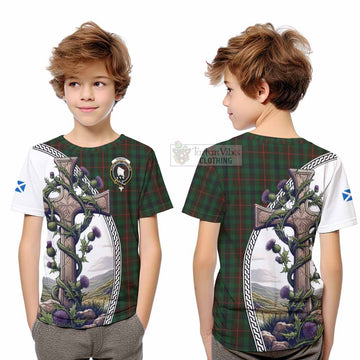 Tennant Tartan Kid T-Shirt with Family Crest and St. Andrew's Cross Accented by Thistle Vines