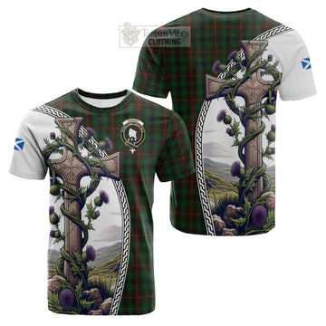 Tennant Tartan Cotton T-shirt with Family Crest and St. Andrew's Cross Accented by Thistle Vines