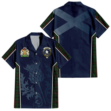 Tennant Tartan Short Sleeve Button Up Shirt with Family Crest and Scottish Thistle Vibes Sport Style