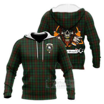 Tennant Tartan Knitted Hoodie with Family Crest and Bearded Skull Holding Bottles of Whiskey