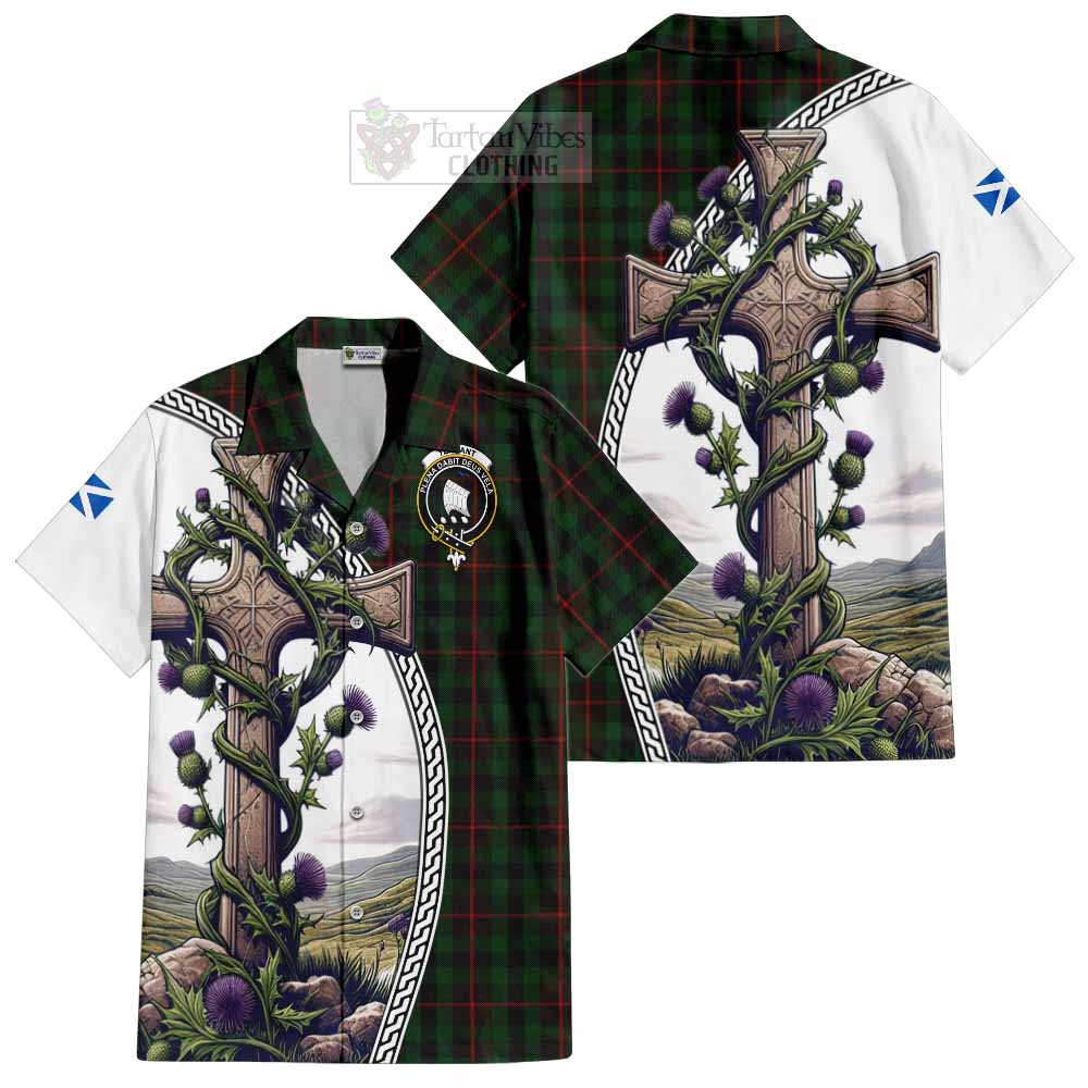 Tartan Vibes Clothing Tennant Tartan Short Sleeve Button Shirt with Family Crest and St. Andrew's Cross Accented by Thistle Vines