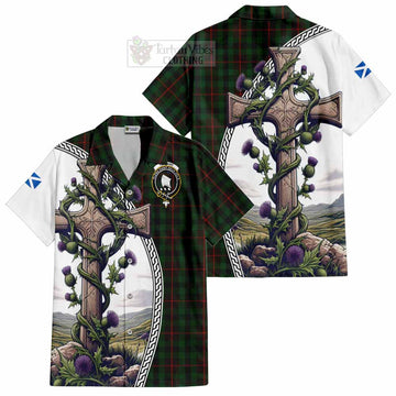 Tennant Tartan Short Sleeve Button Shirt with Family Crest and St. Andrew's Cross Accented by Thistle Vines