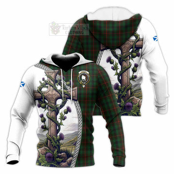 Tennant Tartan Knitted Hoodie with Family Crest and St. Andrew's Cross Accented by Thistle Vines